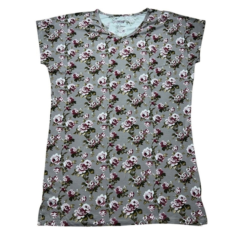 Cariloha Bamboo Sleepwear Grey Floral V-Neck Nightgown Dress XXL Womens
